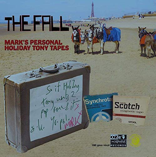 Vinyl album cover: suitcase, donkeys on a beach, tape reels.