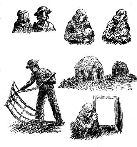 Black and white sketch of figures and structures, possibly stone carvings.