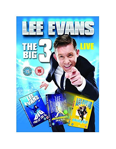 Lee Evans pointing forward on a DVD cover featuring three of his live shows.