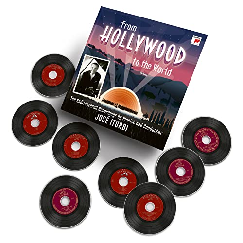 CD case with image of pianist José Iturbi and surrounding vinyl records.