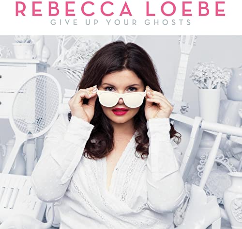 Rebecca Loebe album cover, woman in white holding sunglasses.