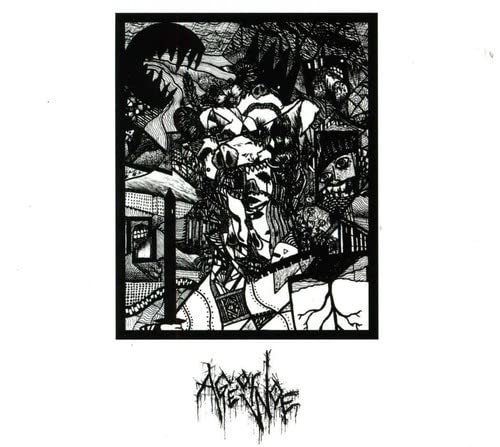 Black and white album cover with distorted figures and a moon.