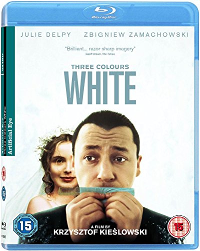 “Three Colours: White” Blu-ray cover with portraits of Julie Delpy and Zbigniew Zamachowski.