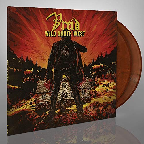 Vinyl record cover for Vreid’s “Wild North West” with a figure and houses.