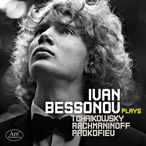 Close-up of pianist Ivan Bessonov looking upwards, album cover art.