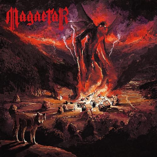 Magnetar album cover: demonic figure over a fiery, chaotic landscape with wolves.