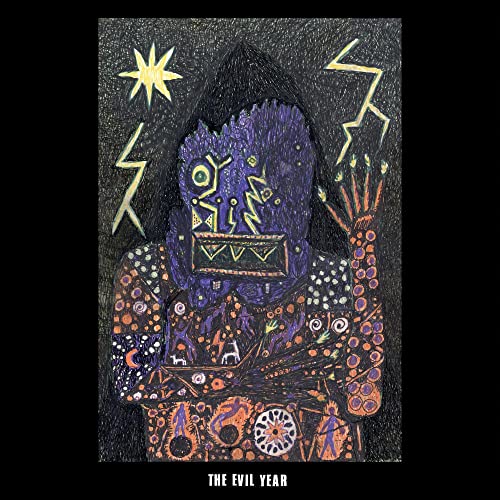 Dark, textured illustration of a hooded figure with lightning and symbols.