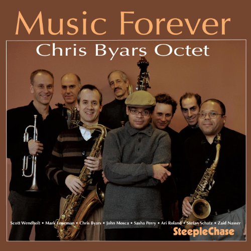 Eight musicians with brass instruments pose on the "Music Forever" CD cover.