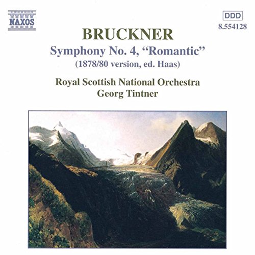 CD cover for Bruckner’s Symphony No. 4 “Romantic” with mountain landscape.