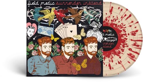 Album cover with three men and a splatter-effect vinyl record.