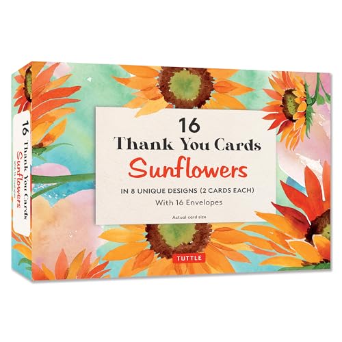 16 Thank You Cards, Sunflowers : 4 1/2 x 3 inch blank cards in 8 Lovely Designs (2 each) with 16 Envelopes