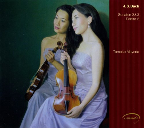 CD cover featuring two violinists, Tomoko Mayeda, and musical scores.