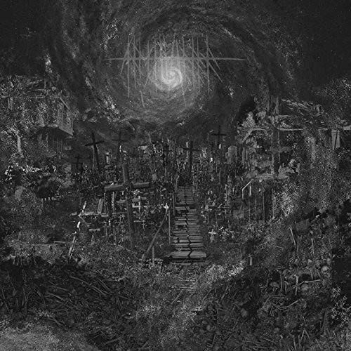 Black and white album cover depicting a graveyard and swirling vortex.