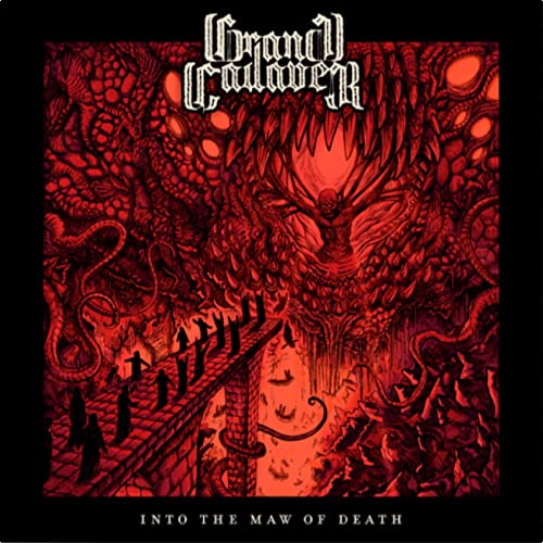 Red album cover depicting a monstrous maw and figures on a bridge.