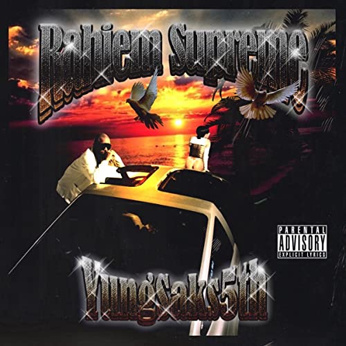 Album cover featuring a sunset, birds, a car, and two figures.