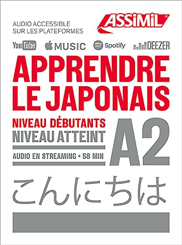 Book cover: "Apprendre le Japonais Niveau A2" with Japanese text below.