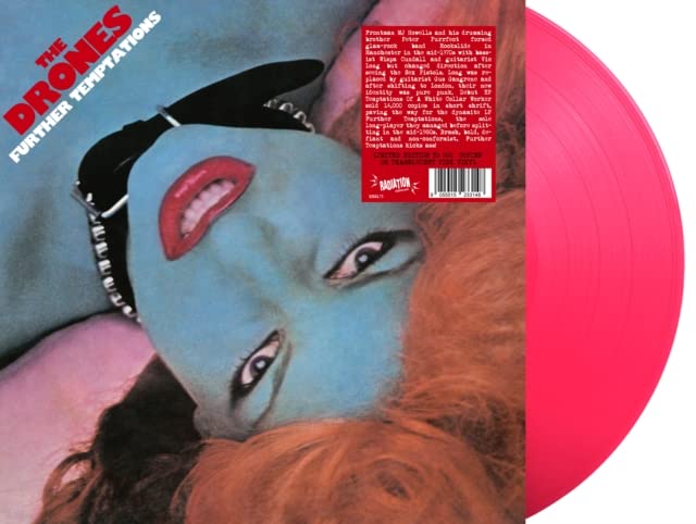 Vinyl record of The Drones’ “Further Temptations” with surreal pink and blue cover art.