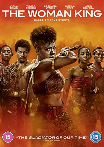 The Woman King" DVD cover featuring Viola Davis with warriors.