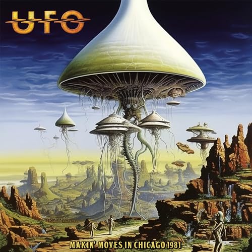 UFO album cover: flying saucers over a fantastical, rocky landscape.