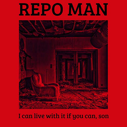 Red album cover with ruined room and chair, bold black text.