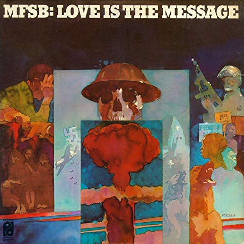 MFSB album cover: abstract figures with war imagery in red and blue.