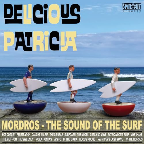 Vinyl album cover featuring three miniature surfers on colorful bases by the ocean.