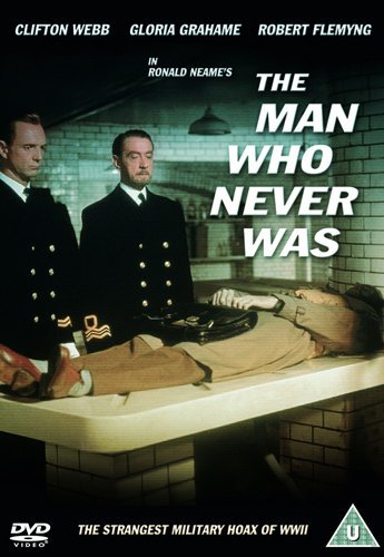 DVD cover for "The Man Who Never Was" showing a man lying down.