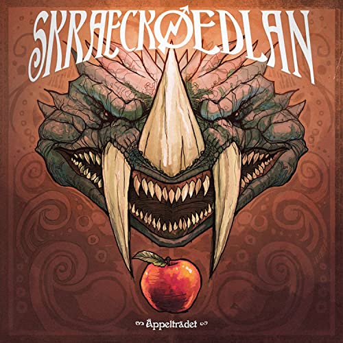 Dragon head illustration with an apple, album cover for Skraeckoedlan.