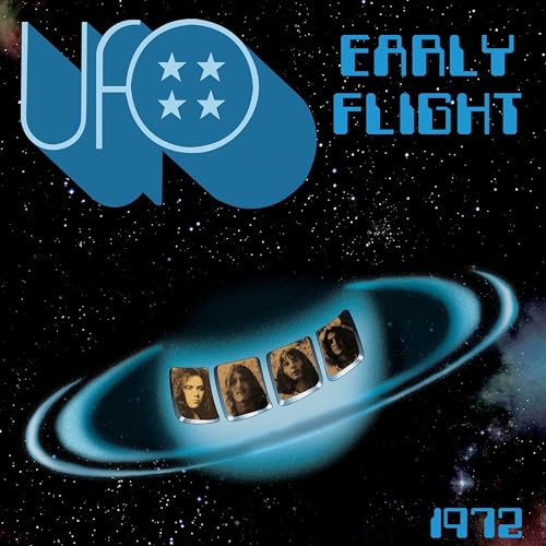 UFO’s “Early Flight” 1972 vinyl album cover with band members in a UFO.
