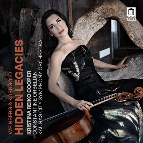 Cellist Kristina Reiko Cooper on album cover, with abstract background.