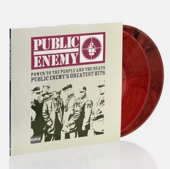 Public Enemy vinyl record with group image and red swirl pattern.