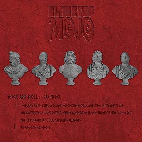 Red album cover for Blacktop Mojo featuring busts and band name.