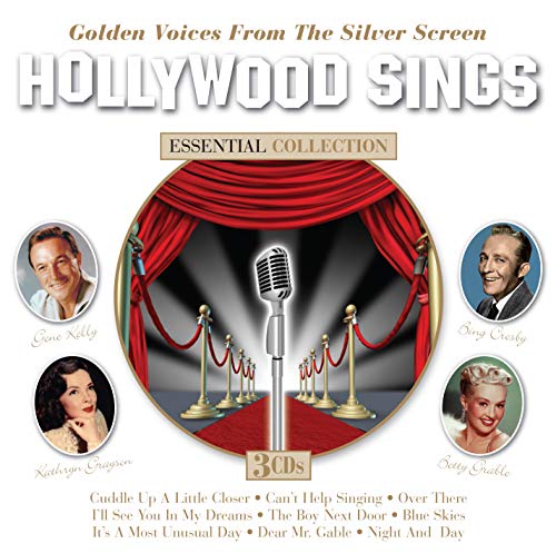 CD cover for "Hollywood Sings" featuring classic movie stars and a stage.