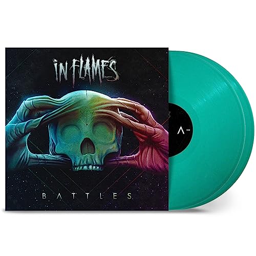 In Flames “Battles” vinyl record with skull artwork and teal color.