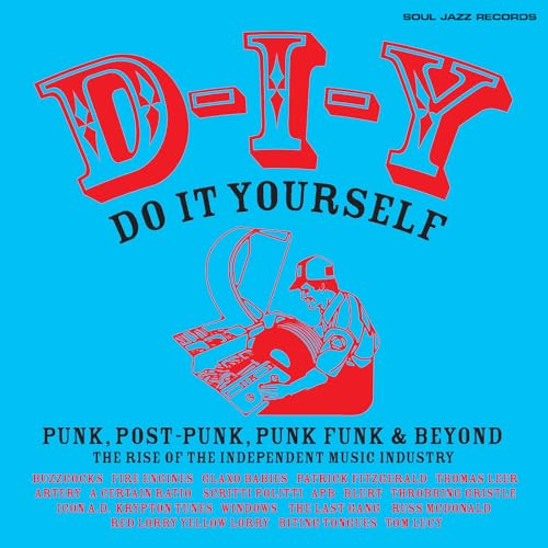 Red “D-I-Y” lettering over a teal background with a person operating a record player.