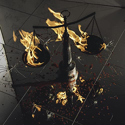 Burning scales of justice amidst shattered glass and red splatters.