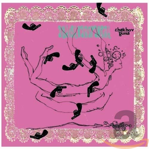 Pink album cover with black line art of a figure and guns.