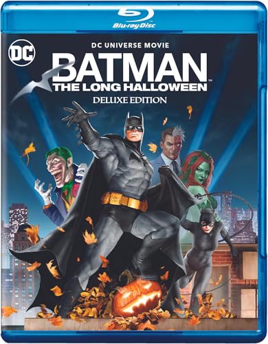 Batman Blu-ray cover featuring Batman, villains, and autumnal imagery.