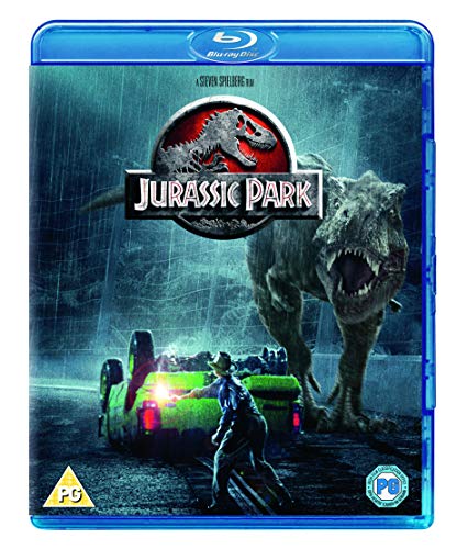 Jurassic Park Blu-ray cover featuring a Tyrannosaurus Rex and damaged vehicle.