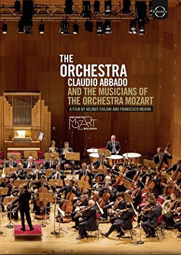 Orchestra performing on stage, DVD cover for "The Orchestra" with Claudio Abbado.