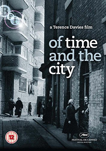 Black and white DVD cover for “Of Time And The City” showing a city street.