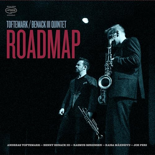 Vinyl album cover featuring two musicians with saxophones, dark blue background.