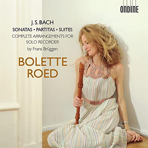 CD cover featuring Bolette Roed with a recorder, performing Bach’s sonatas.