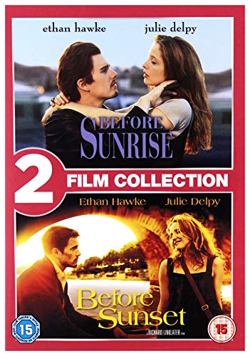 DVD cover for "Before Sunrise/Sunset" featuring Ethan Hawke and Julie Delpy.