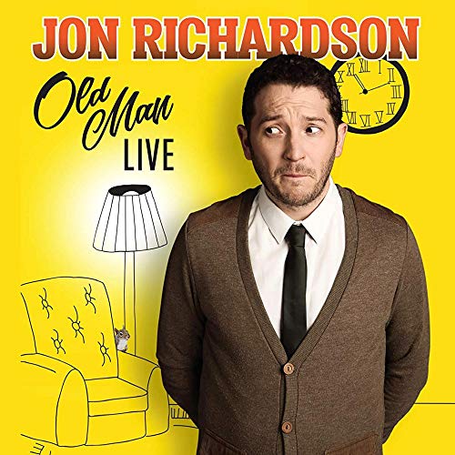 Jon Richardson’s “Old Man Live” CD cover with portrait and cartoon objects.