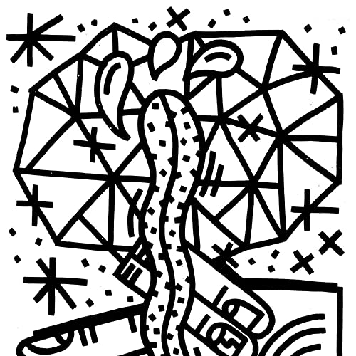 Black and white line art of a dotted snake-like figure beneath a geometric shape.