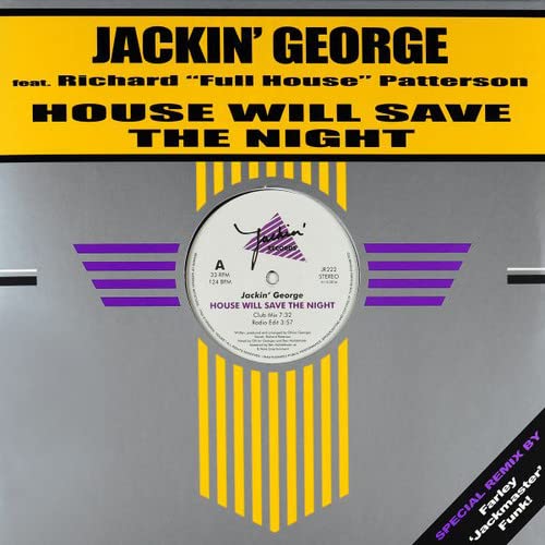 Gray vinyl record sleeve with yellow and purple geometric design.