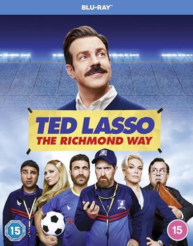 Blu-ray cover for "Ted Lasso" featuring the cast and a soccer stadium.