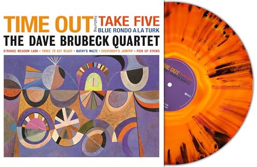 “Time Out” vinyl record with colorful abstract album art and marbled disc.