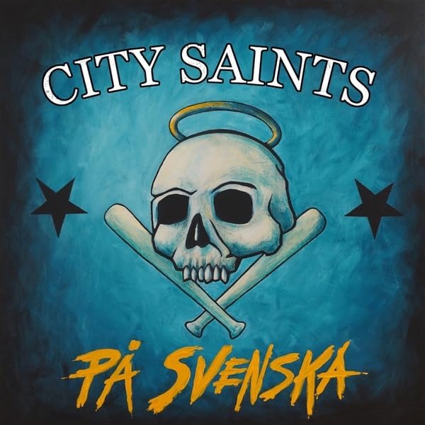 Album cover: skull with halo and crossed baseball bats, blue background.